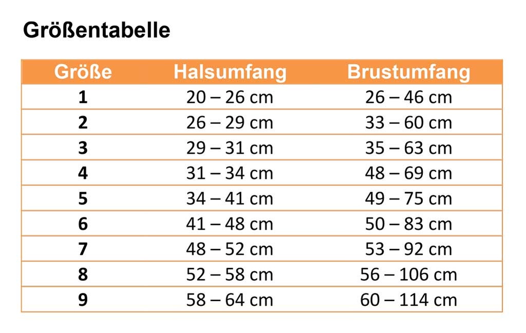 Non-stop dogwear, Führgeschirr Line Harness, Größentabelle